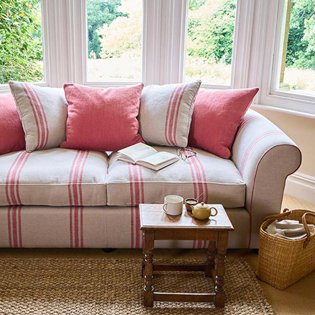 Lewes 3 Seater Sofa in Walloon Stripe Red with Scatters in Walloon & Linwood Luna